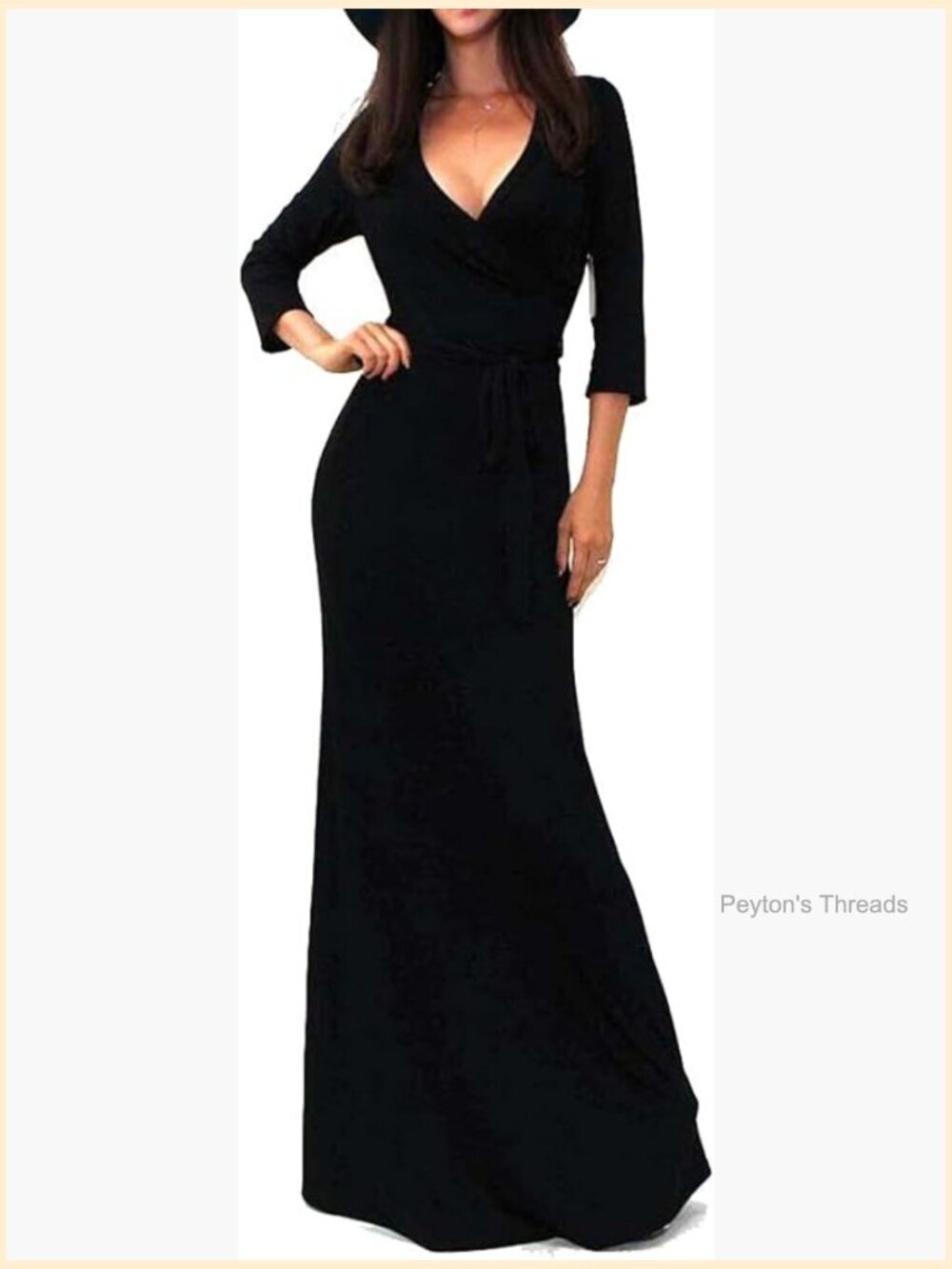 V-Neck Faux Wrap Maxi Dress with 3/4 Sleeves